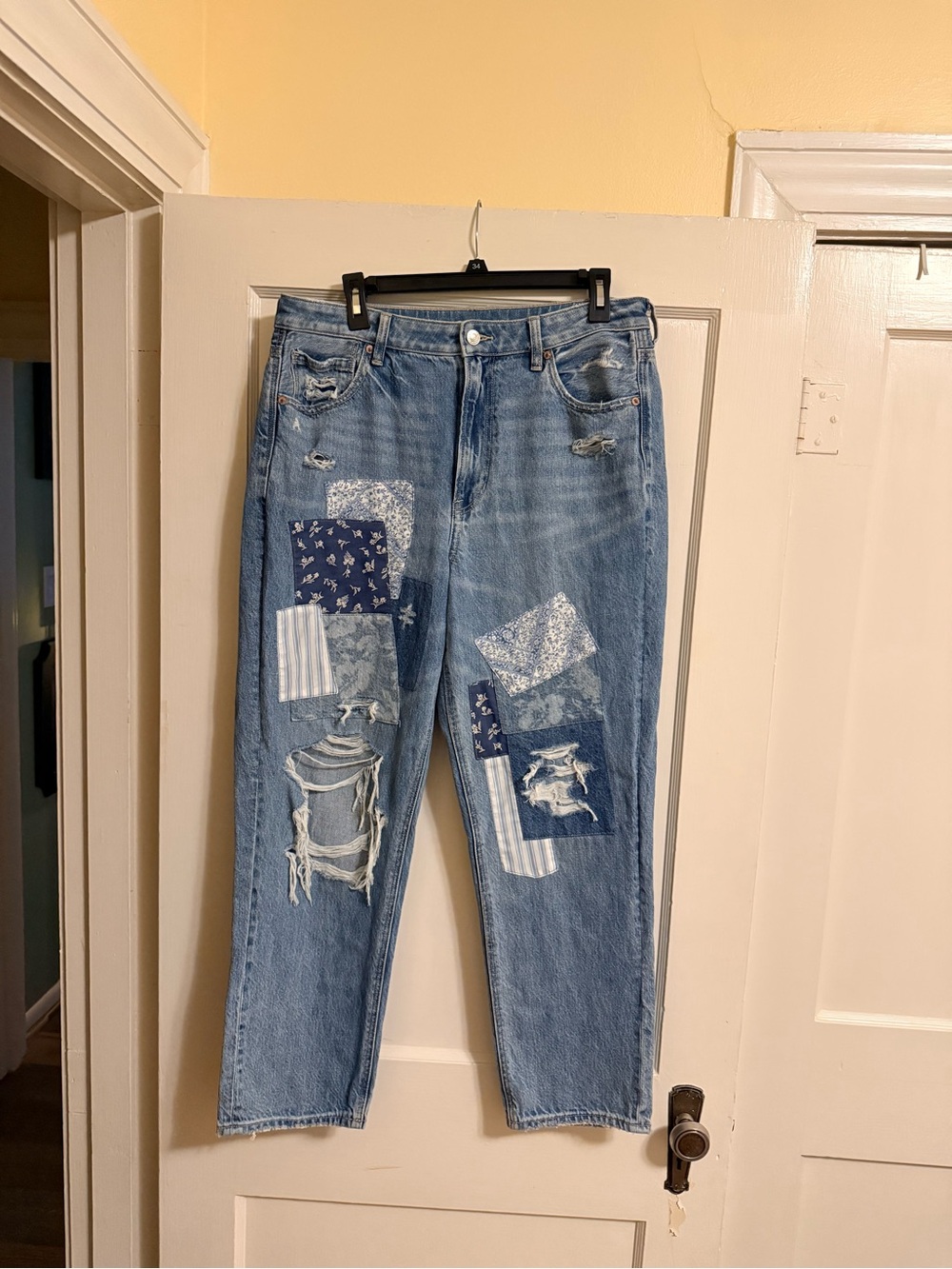 American Eagle Outfitters Patchwork Distressed Light Blue Boyfriend Jeans